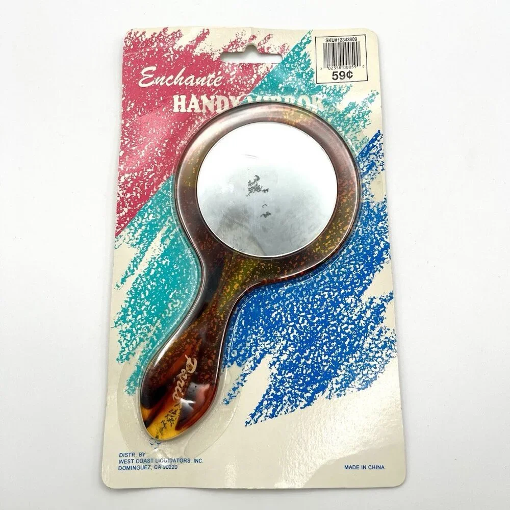Vintage 80s Enchanté Paris Hand Mirror Sealed Retro Amber Faux Tortoiseshell